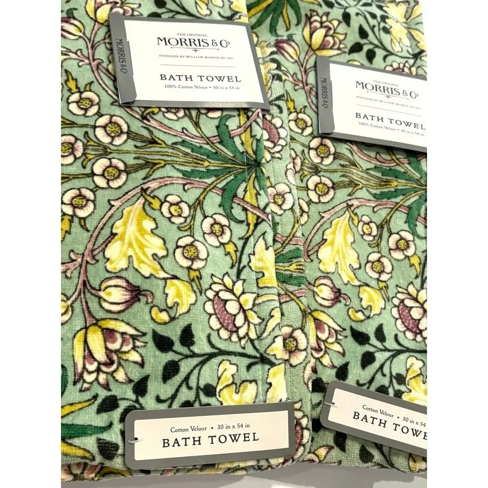 William Morris Set Of 2 Bath Towels Hyacinth Green Yellow Floral Cotton Velour